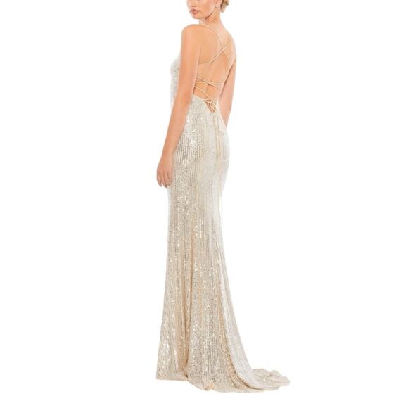 Mac Duggal Ienna Stretch Sequin Gown Maxi Dress in Nude Silver 26269